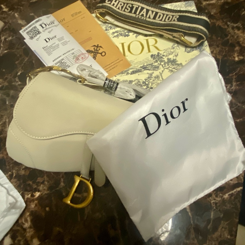 Christian Dior medium size saddle bag white leather with 2 changeable straps